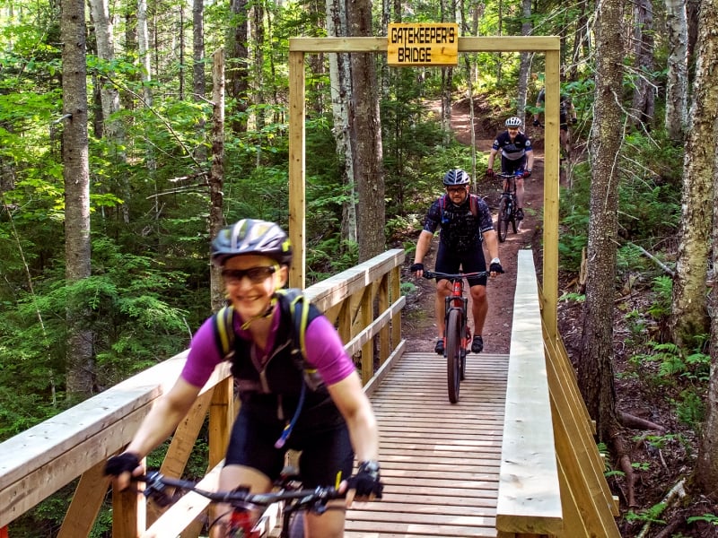 Bonshaw Hills Park Trail, bikers, wood bridge, forest